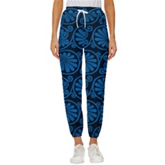 Blue Floral Pattern Floral Greek Ornaments Women s Cropped Drawstring Pants by nateshop