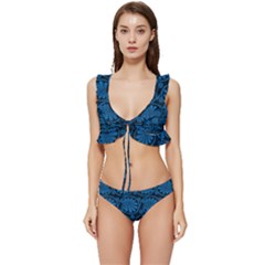 Blue Floral Pattern Floral Greek Ornaments Low Cut Ruffle Edge Bikini Set by nateshop