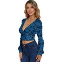 Blue Floral Pattern Floral Greek Ornaments Long Sleeve Deep-V Velour Top View2