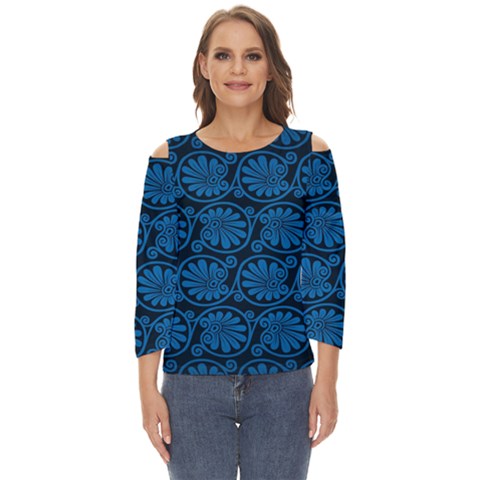 Blue Floral Pattern Floral Greek Ornaments Cut Out Wide Sleeve Top by nateshop