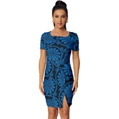 Blue Floral Pattern Floral Greek Ornaments Fitted Knot Split End Bodycon Dress by nateshop