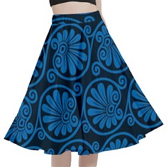 Blue Floral Pattern Floral Greek Ornaments A-line Full Circle Midi Skirt With Pocket by nateshop