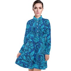 Blue Floral Pattern Texture, Floral Ornaments Texture Long Sleeve Chiffon Shirt Dress by nateshop