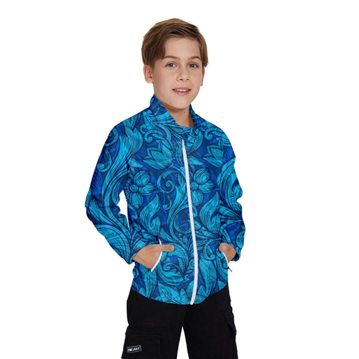 Blue Floral Pattern Texture, Floral Ornaments Texture Kids  Windbreaker