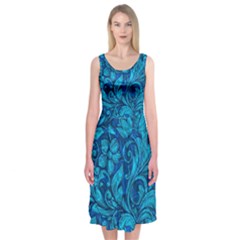 Blue Floral Pattern Texture, Floral Ornaments Texture Midi Sleeveless Dress by nateshop