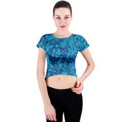 Blue Floral Pattern Texture, Floral Ornaments Texture Crew Neck Crop Top by nateshop