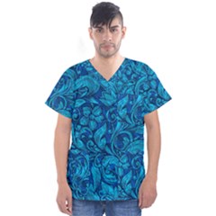 Blue Floral Pattern Texture, Floral Ornaments Texture Men s V-neck Scrub Top