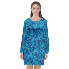 Blue Floral Pattern Texture, Floral Ornaments Texture Long Sleeve Chiffon Shift Dress  by nateshop