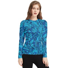 Blue Floral Pattern Texture, Floral Ornaments Texture Women s Long Sleeve Rash Guard by nateshop