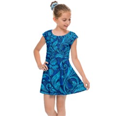 Blue Floral Pattern Texture, Floral Ornaments Texture Kids  Cap Sleeve Dress by nateshop