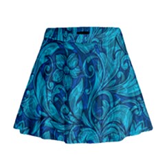 Blue Floral Pattern Texture, Floral Ornaments Texture Mini Flare Skirt by nateshop