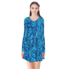 Blue Floral Pattern Texture, Floral Ornaments Texture Long Sleeve V-neck Flare Dress by nateshop