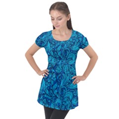 Blue Floral Pattern Texture, Floral Ornaments Texture Puff Sleeve Tunic Top by nateshop