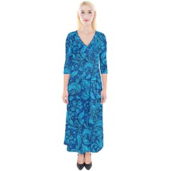 Blue Floral Pattern Texture, Floral Ornaments Texture Quarter Sleeve Wrap Maxi Dress by nateshop