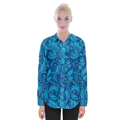 Blue Floral Pattern Texture, Floral Ornaments Texture Womens Long Sleeve Shirt by nateshop