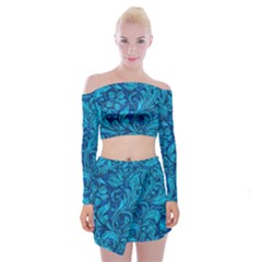 Blue Floral Pattern Texture, Floral Ornaments Texture Off Shoulder Top With Mini Skirt Set by nateshop