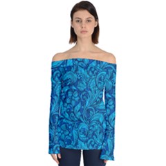 Blue Floral Pattern Texture, Floral Ornaments Texture Off Shoulder Long Sleeve Top by nateshop