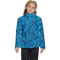 Blue Floral Pattern Texture, Floral Ornaments Texture Kids  Puffer Bubble Jacket Coat