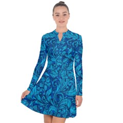 Blue Floral Pattern Texture, Floral Ornaments Texture Long Sleeve Panel Dress by nateshop