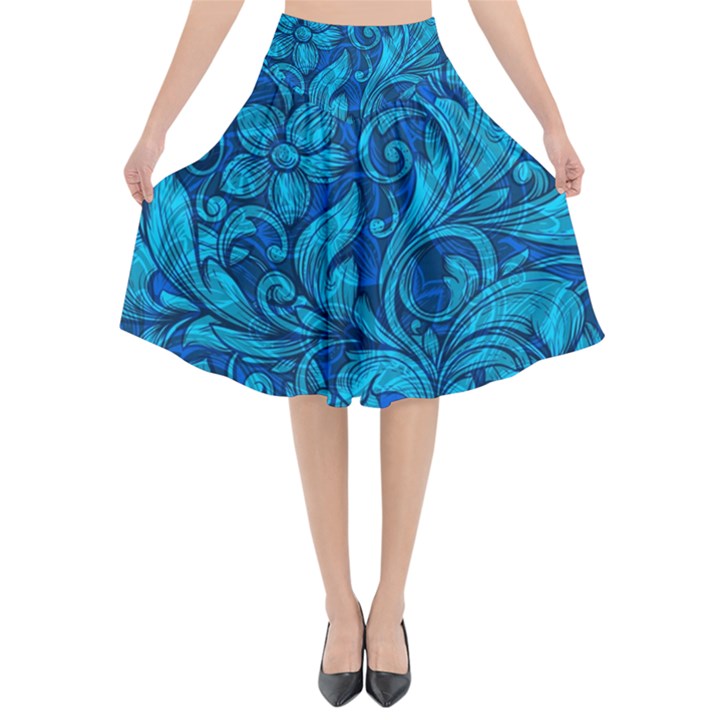 Blue Floral Pattern Texture, Floral Ornaments Texture Flared Midi Skirt