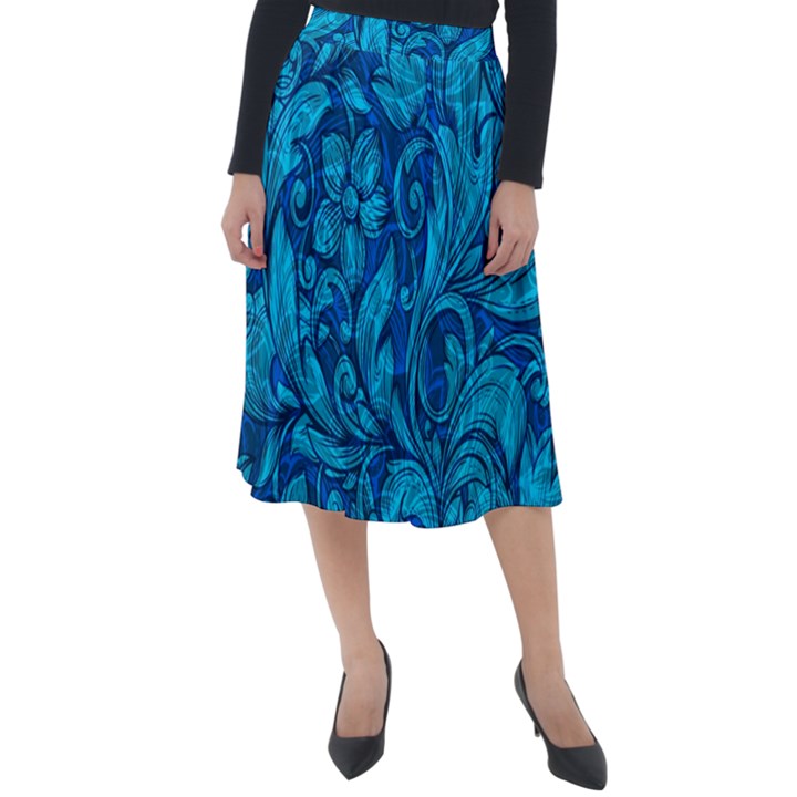 Blue Floral Pattern Texture, Floral Ornaments Texture Classic Velour Midi Skirt 