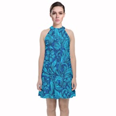 Blue Floral Pattern Texture, Floral Ornaments Texture Velvet Halter Neckline Dress  by nateshop