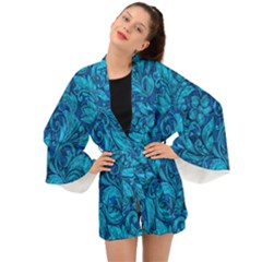 Blue Floral Pattern Texture, Floral Ornaments Texture Long Sleeve Kimono by nateshop