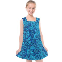 Blue Floral Pattern Texture, Floral Ornaments Texture Kids  Cross Back Dress by nateshop