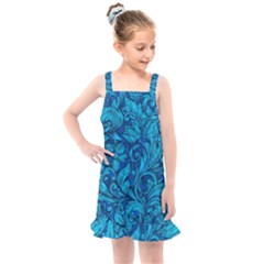 Blue Floral Pattern Texture, Floral Ornaments Texture Kids  Overall Dress by nateshop