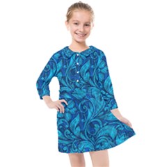 Blue Floral Pattern Texture, Floral Ornaments Texture Kids  Quarter Sleeve Shirt Dress by nateshop