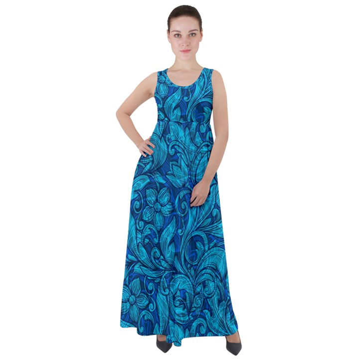 Blue Floral Pattern Texture, Floral Ornaments Texture Empire Waist Velour Maxi Dress