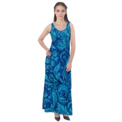 Blue Floral Pattern Texture, Floral Ornaments Texture Sleeveless Velour Maxi Dress by nateshop