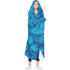 Blue Floral Pattern Texture, Floral Ornaments Texture Wearable Blanket by nateshop