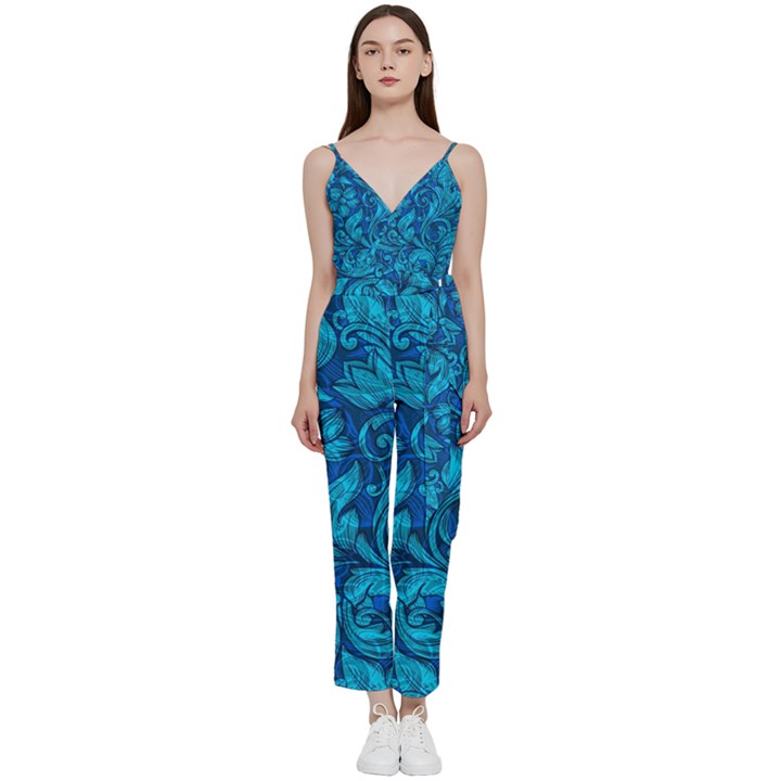 Blue Floral Pattern Texture, Floral Ornaments Texture V-Neck Camisole Jumpsuit