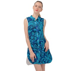 Blue Floral Pattern Texture, Floral Ornaments Texture Sleeveless Shirt Dress