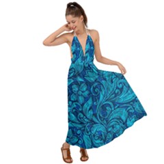 Blue Floral Pattern Texture, Floral Ornaments Texture Backless Maxi Beach Dress by nateshop