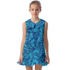 Blue Floral Pattern Texture, Floral Ornaments Texture Kids  Pilgrim Collar Ruffle Hem Dress by nateshop