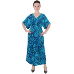 Blue Floral Pattern Texture, Floral Ornaments Texture V-neck Boho Style Maxi Dress by nateshop