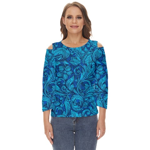 Blue Floral Pattern Texture, Floral Ornaments Texture Cut Out Wide Sleeve Top by nateshop