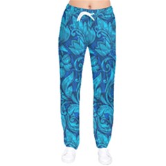 Blue Floral Pattern Texture, Floral Ornaments Texture Women Velvet Drawstring Pants by nateshop