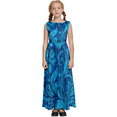 Blue Floral Pattern Texture, Floral Ornaments Texture Kids  Satin Sleeveless Maxi Dress