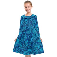 Blue Floral Pattern Texture, Floral Ornaments Texture Kids  Midi Sailor Dress by nateshop