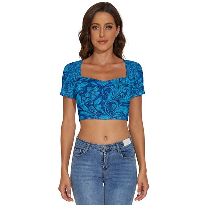 Blue Floral Pattern Texture, Floral Ornaments Texture Short Sleeve Square Neckline Crop Top 