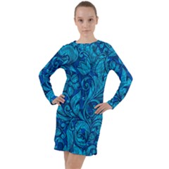 Blue Floral Pattern Texture, Floral Ornaments Texture Long Sleeve Hoodie Dress