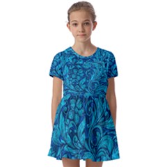 Blue Floral Pattern Texture, Floral Ornaments Texture Kids  Short Sleeve Pinafore Style Dress by nateshop