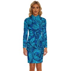 Blue Floral Pattern Texture, Floral Ornaments Texture Long Sleeve Shirt Collar Bodycon Dress