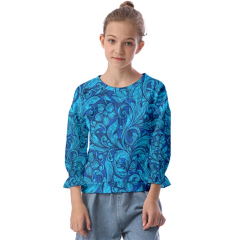 Blue Floral Pattern Texture, Floral Ornaments Texture Kids  Cuff Sleeve Top by nateshop