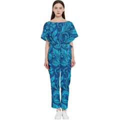 Blue Floral Pattern Texture, Floral Ornaments Texture Batwing Lightweight Chiffon Jumpsuit by nateshop