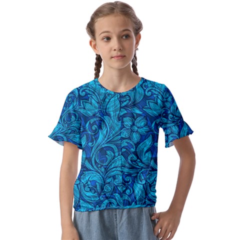 Blue Floral Pattern Texture, Floral Ornaments Texture Kids  Cuff Sleeve Scrunch Bottom T-shirt by nateshop