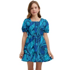 Blue Floral Pattern Texture, Floral Ornaments Texture Kids  Short Sleeve Dolly Dress by nateshop